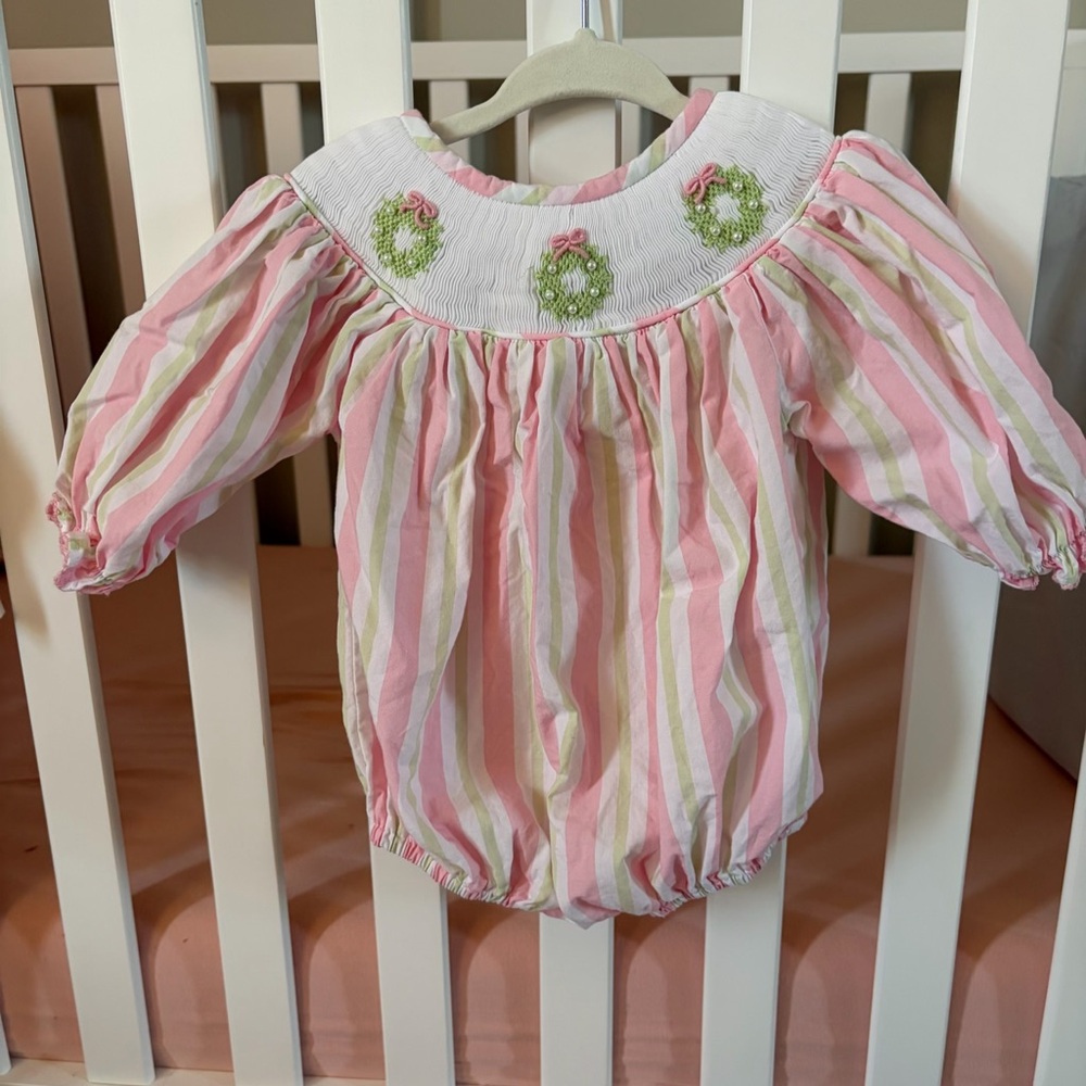 Smocked Flamingo 0-3mo Holiday Wreath Bubble